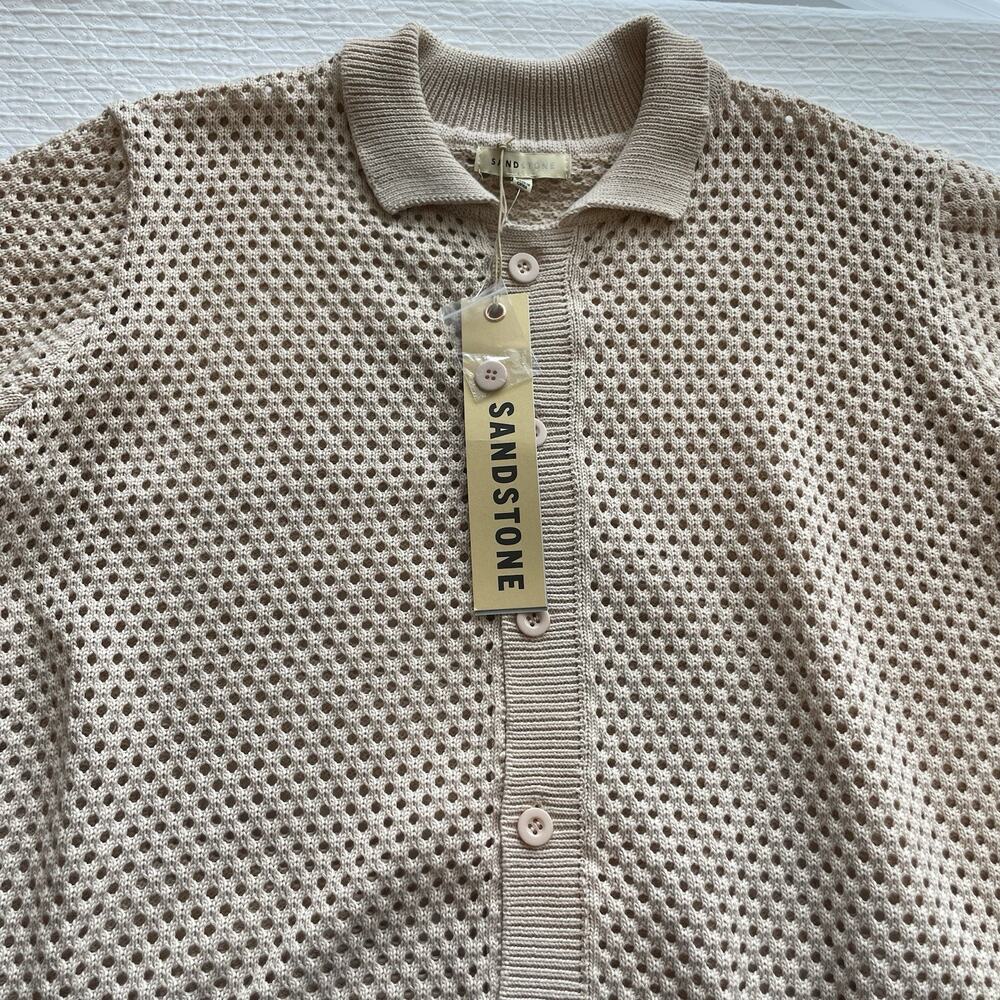 Sandstone Mens L Beige Knit Button Down Knit Polo Retro 70s Resort Quiet Luxury - Picture 4 of 10